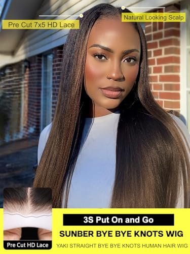 Image of Sunber Yaki Straight Ombre Chestnut Human Hair Wigs with Drawstring Upgrade 3D Cap Put and Go Bye Bye Knots Pre Cut 7x5 HD Lace Front Glueless Yaki Wigs Pre Plucked Invisible Knots 3S Wear 20Inch