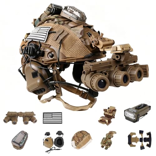 ClrfZebr Tactical Helmet with Headset 4in1 Upgraded Adjustable with Helmet Cover for Airsoft Cosplay Military Tactical Gear (TAN)