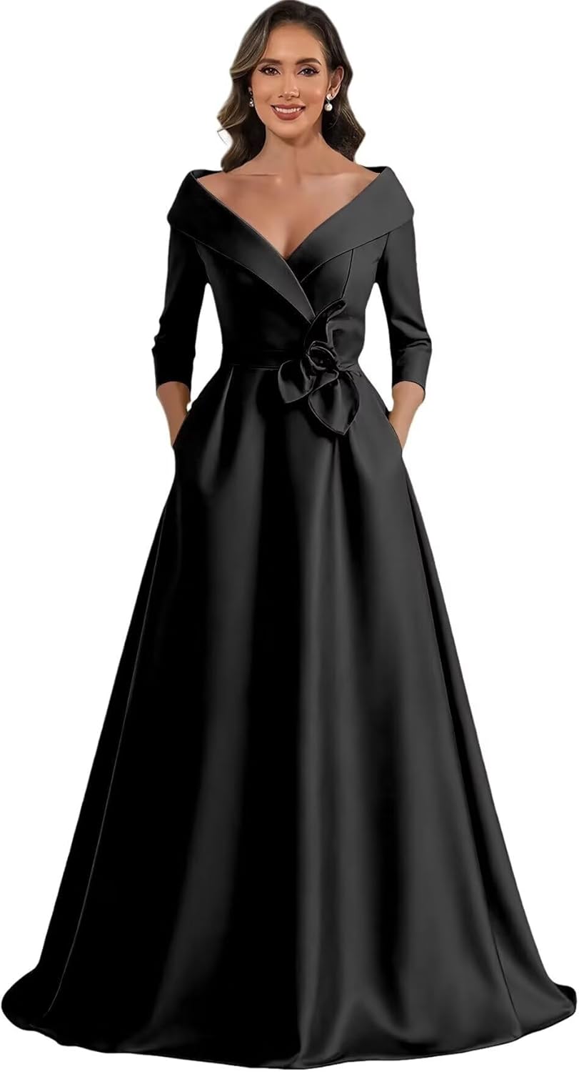 Satin Mother of The Bride Dresses for Women Long Sleeve V Neck Long Formal Evening Party Dress with Pockets
