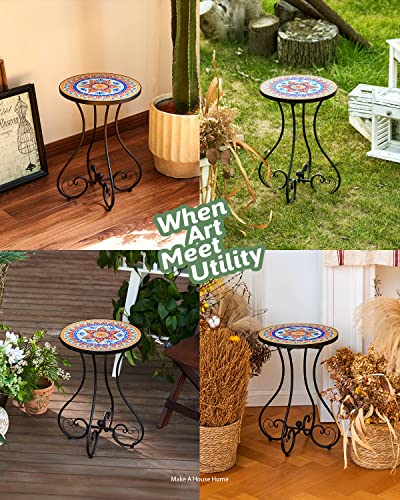 VONLUCE Round Side Table, Indoor and Outdoor Plant Stand, Small Coffee Table with 36cm Ceramic Tile Top for Patio Balcony, 53cm Tall Mosaic Garden Table, Living Room End Table or Bedside Table, Floral - Image 4