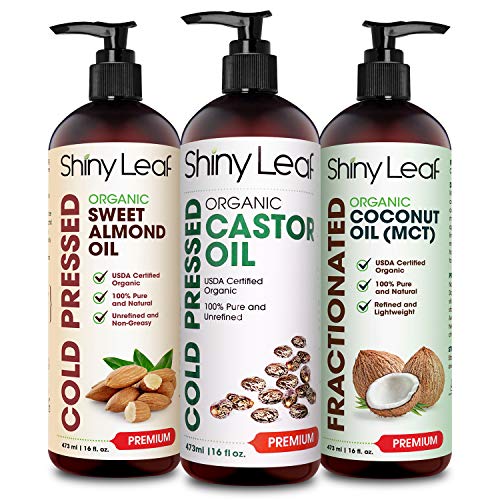 Organic Castor Oil, Sweet Almond Oil and Fractionated Coconut Oil Bundle for Hair and Skin, Pure, Natural, Hexane-Free, Moisturizing, Hydrating Body Oils, by Shiny Leaf 16 fl. oz.