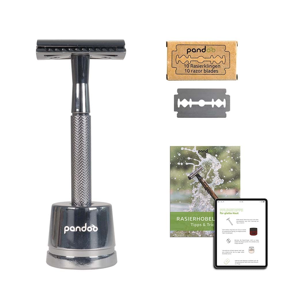 pandoo Rasoio con supporto in metallo, con 10 lame, zero waste, senza plastica, per uomo e donna, a barra chiusa, colore argento, con ebook (lingua italiana non garantita)
