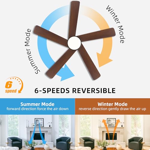 Image of WINGBO 48 Inch DC Ceiling Fan with Lights and Remote Control, 5 Carved Solid Wood Blades, 6-Speed Noiseless Reversible DC Motor, Indoor Ceiling Fan in Matte Black Finish with Walnut Blades