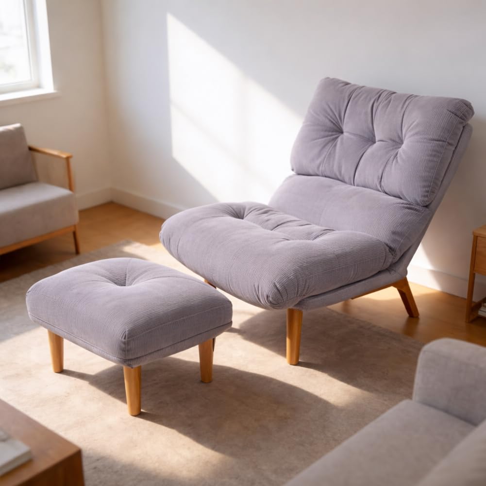 BAKAJI Poltrona Reclinabile con Poggiapiedi e Imbottitura Extra Soffice, Poltroncina e Pouf Sgabello Altissima Densità, Seduta Ergonomica e Schienale Inclinabile, Soggiorno, Camera da Letto (Grigio)