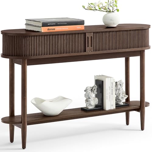LINSY Fluted Console Table with Storage, Entryway Table Wood Entrance Tables for Front Door, Behind Couch Sofa Table with Shelves, Foyer Tables for Hallways, Living Room Vintage Furniture, Walnut
