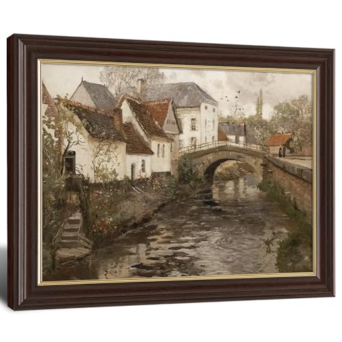 Image of Vintage Framed Canal Town Landscape Canvas Wall Art, Antique European Village Bridge Painting, Rustic Neutral Tone Wall Decor for Living Room Bedroom Home Aesthetic
