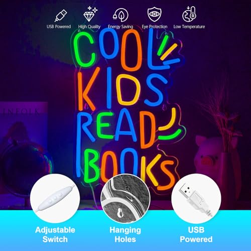Image of Cool Kids Read Books Neon Sign Kids Read Books Neon Signs for Wall Decor Read Books USB Dimmable LED Lights for Student Suitable for Classroom Bookstore Library Museum Study Room Gift for Teen Boys Girls Christmas