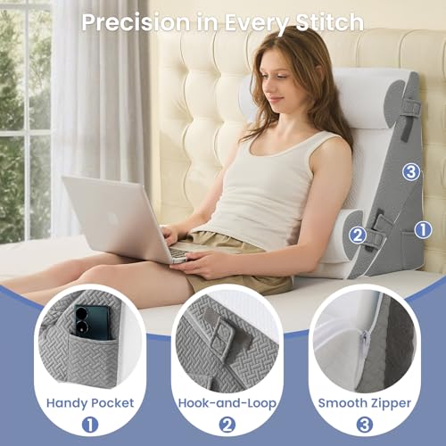 Image of Sasttie Wedge Pillow Set for After Surgery, 3PCS Adjustable Bed Wedge Pillow Headboard with Memory Foam Neck Cushion - for Acid Reflux, Sleeping, Neck & Back Support, Dark Grey & White