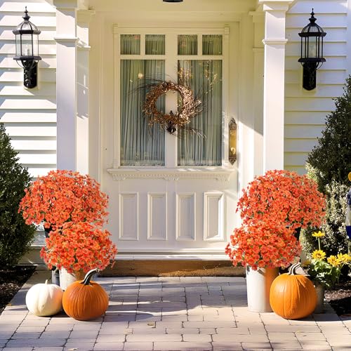 Image of Bassion 20 Bundles Fake Mums Artificial Fall Flowers for Outdoors, Orange