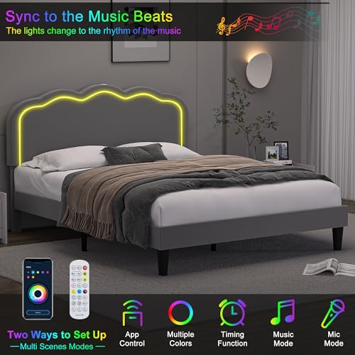 VECELO Upholstered Full Bed Frame with Headboard Adjustable, LED Lights, USB-A & Type-C, Velvet Platform Bed Noise Free, Mattress Foundation with Wooden Slats, No Box Spring Needed, Grey
