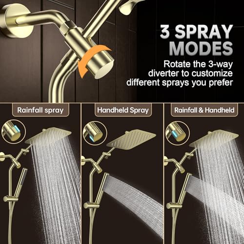Image of Veken All Metal 10 inch Shower Head with Handheld, Luxurious Square Double Rain Shower Heads with Spray Combo, Dual High Pressure Detachable Rainfall Showerhead with Extension Arm, Long Hose,Brushed Gold