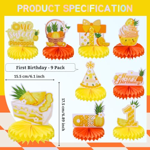 Image of 9pcs Summer Tropical Pineapple First Birthday Honeycomb Centerpieces Sweet One Pineapple Party Table Decorations Party Like A Pineapple Table Topper Sign Centerpieces for Baby Shower 1st Birthday