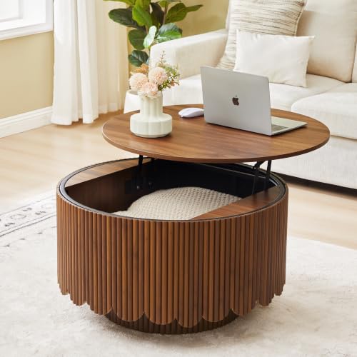 Image of Round Lift Top Coffee Table with Storage, Fluted Circle Coffee Table,Walnut