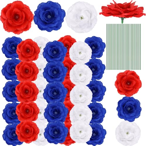 Yunlly 100 Pcs Artificial Flowers Fake Silk Roses Long Stem Rose Bouquet Wedding Party Home Decor for DIY Baby Shower Centerpieces Tables Home Decorations(Blue, White,Red)