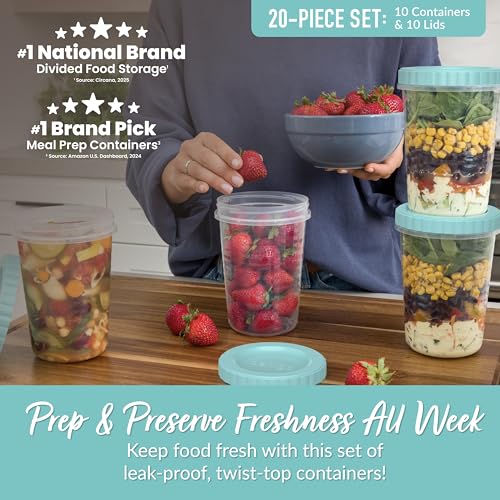Image of Bentgo Prep - 20 Piece 32 fl oz Leak-Proof Deli Containers with Lids, Food Storage for Meal Prep, Twist-Top, Reusable, PFAS & BPA-Free, Stackable, Microwave, Freezer & Dishwasher Safe (Aqua Splash)