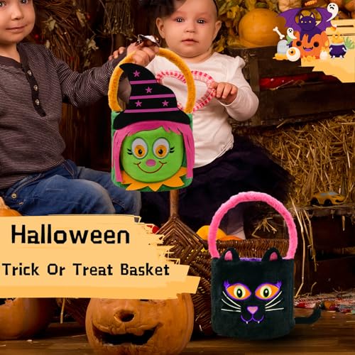 Image of Dia 7.9 inch * H 15.7 inch, Plush Halloween Baskets Trick or Treat Bags Halloween Candy Bucket, Gift Bucket for Party Favor Supplies (2Pcs-Witch&Black Cat)