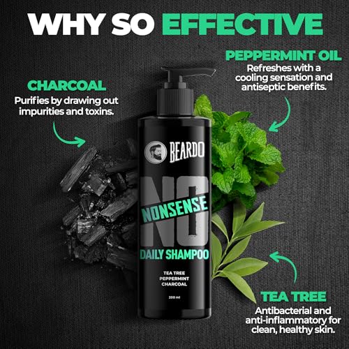 Image of Beardo No Nonsense Daily Shampoo for Men 200ml | For Healthy, Clean Scalp | Anti-inflammatory Peppermint, Tea Tree Fights Dandruff | Activated Charcoal Detoxifies Scalp | Paraben Free | Daily Use Shampoo for Stronger, Cleaner Hair