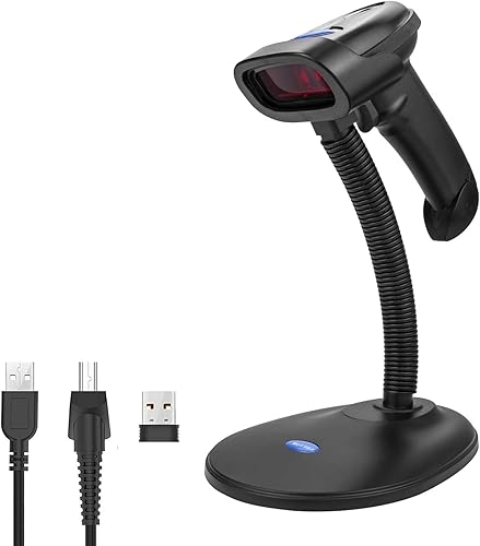 NETUM NT-1698W Escáner de código de barras inalámbrico con soporte, 2 en 1 2.4G inalámbrico y USB con cable 1D Lector de código de barras Lector de