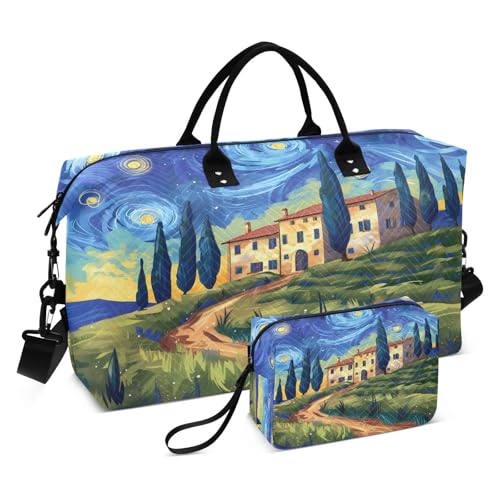 House Watercolor Sky Large Travel Duffle Bag Weekender Overnight Bags Gym Yoga Bag for Women Men with Toiletry Bag