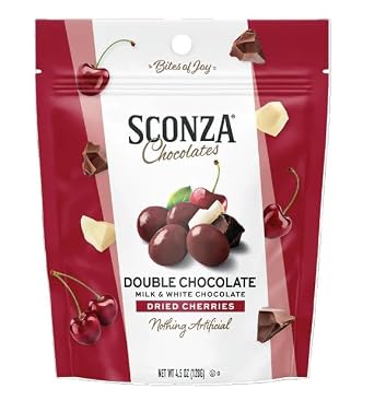 Sconza Double Chocolate Dried Cherries, Milk & White Chocolate Covered Fruit Candy, 4.5 oz Bag - 1 PACK