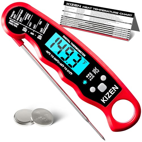 KIZEN Instant Read Meat Thermometer Digital - Food Thermometer for Cooking, Grill, Oven, BBQ - IP67 Rated Waterproof - Large Backlit Display and Magnetic Back
