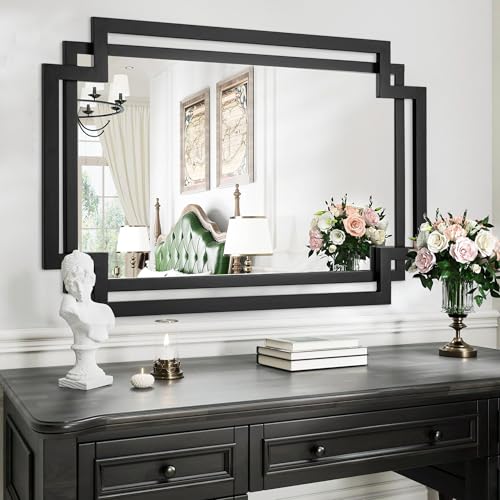 Image of 28 inch x 40 inch Black Wall Mirror for Decor with Geometric Metal Frame | Rectangular Large Bathroom Mirror with Irregular Metal Pipe, Modern Accent Mirror for Entryway, Dining Room, Fireplace