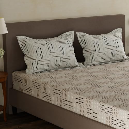 Image of Layers 100% Cotton Double Size Bedsheet Set | Grey Geometric Print | 120 TC Forever Collection | Soft & Breathable | Washable Bedsheet with 2 Pillow Covers | All Season