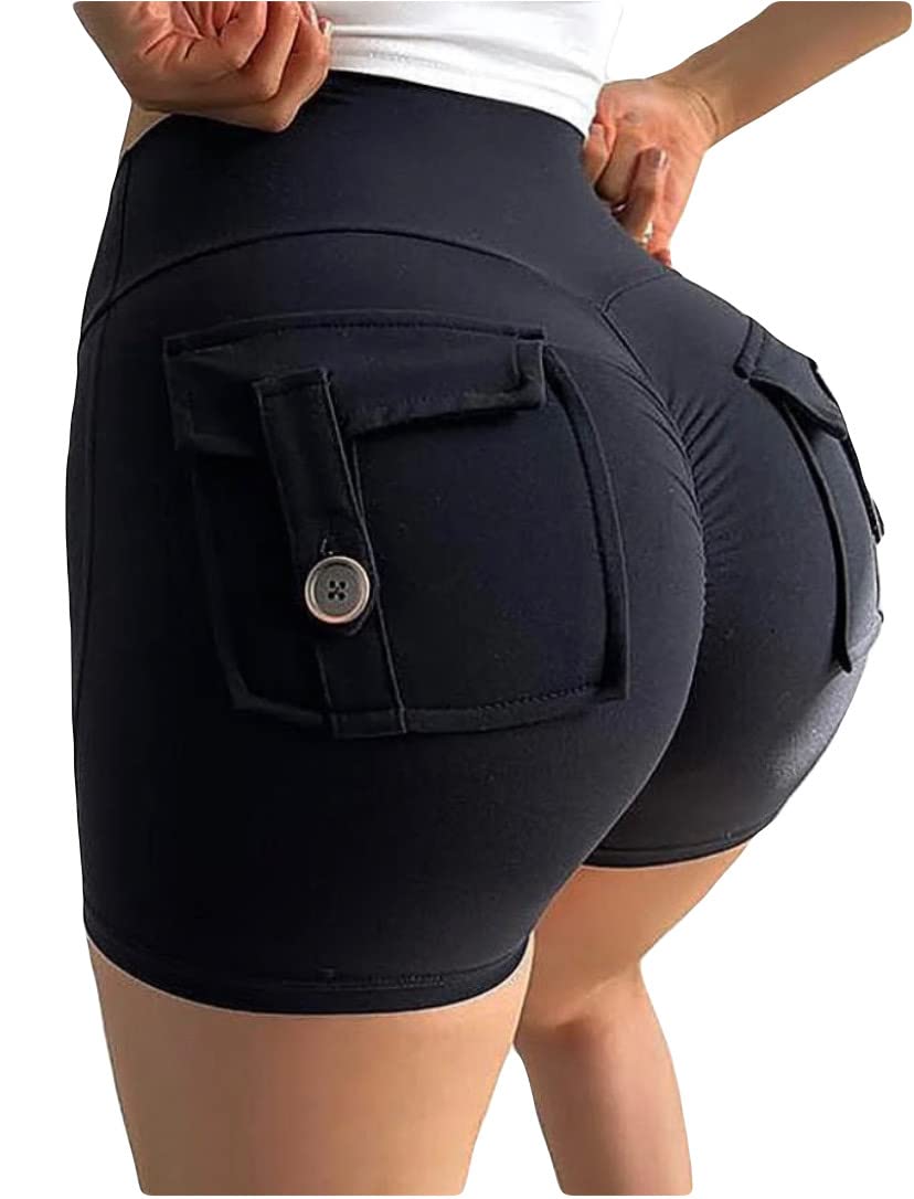 Women high waist cargo activewear shorts with back pockets Tummy control booty lift Seamless scrunch athletic wear