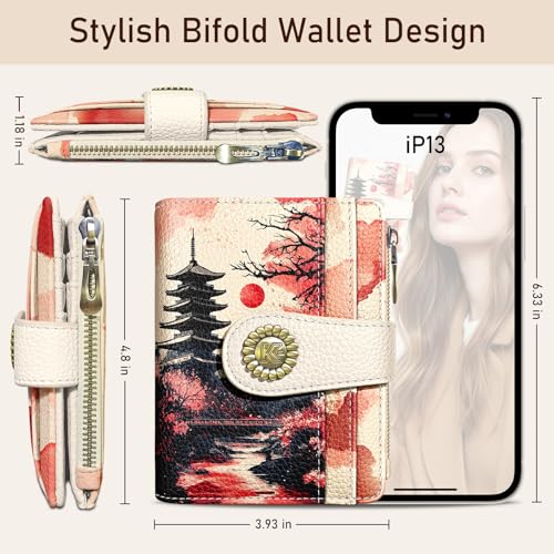 Image of Kelvoris Japanese Sunset Goth Small Rfid Women Wallet Zipper Coin Pocket | Bifold PU Leather Compact Cash Credit Card Holder, Travel Purse for Female Ladies Teen Girls, 1 ID Window 10 Card Slots