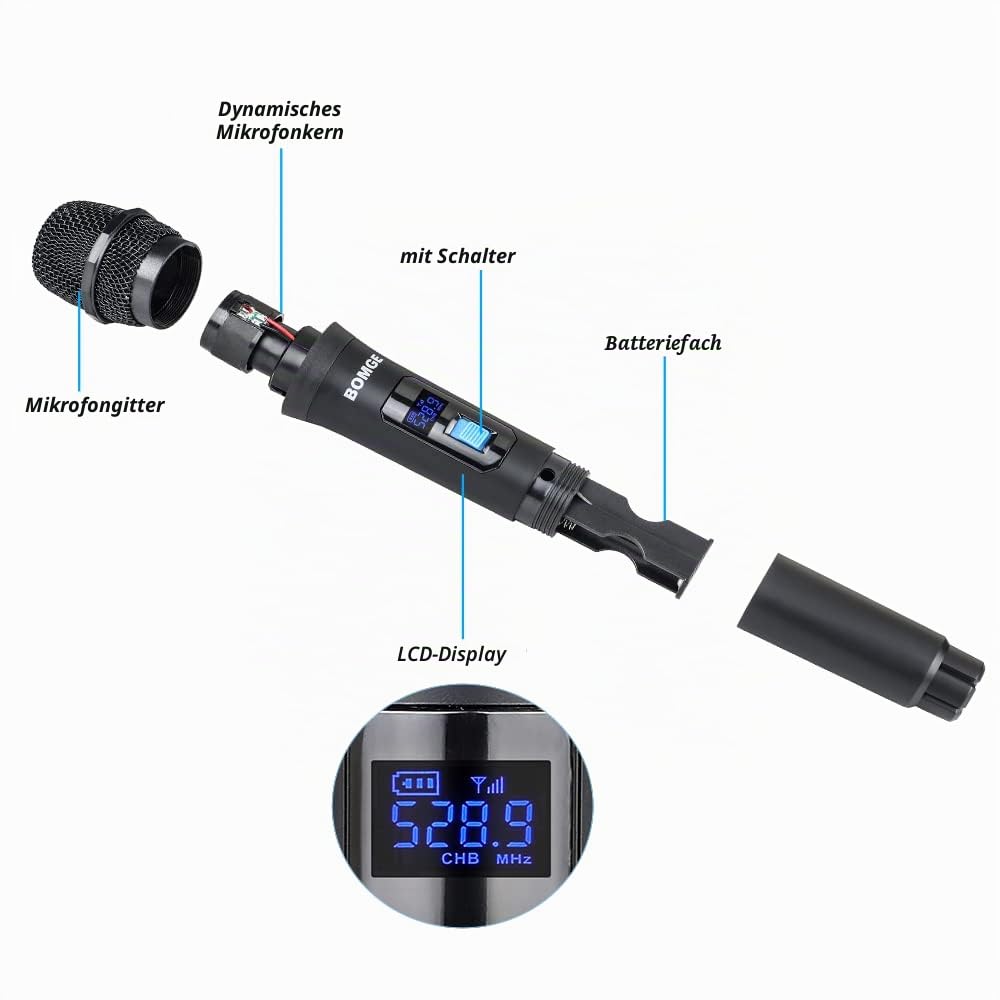 BOMGE Kabelloses Mikrofonsystem, Pro 4-Kanal schnurloses Mikrofon-Set mit vier Handmikrofonen, feste Frequenz, lange Reichweite 61 m, ideal für Kirche, Karaoke, Veranstaltungen