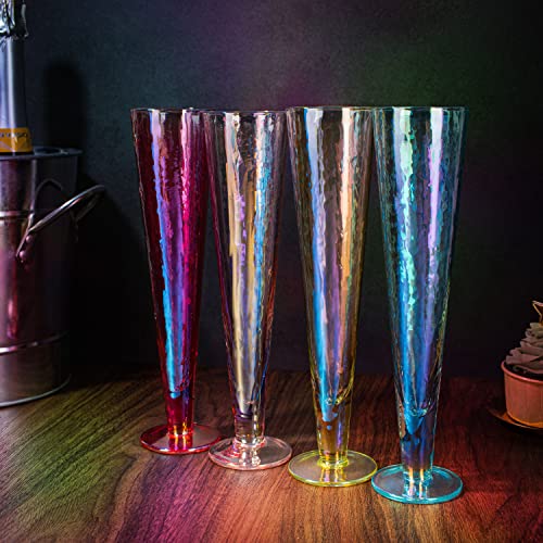 Champagne Flutes, Iridescent Crystal Glass, Holiday Iridescent Champagne Flutes - Set Of 4 - 10" Stemmed Champagne Flute Romantic Toasting Colored Glasses, Mimosa Glassware, Weddings - 8 Oz Capacity, #TOP2