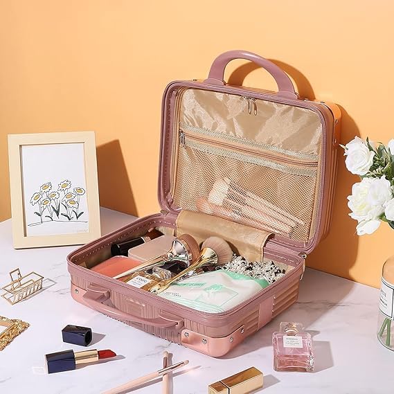 Image of Portable Hard Shell Cosmetic Bag Travel Case, Small Travel Hand Luggage with Elastic Band, Mini Abs Carrying Makeup Case Suitcase (B-White & Rose)