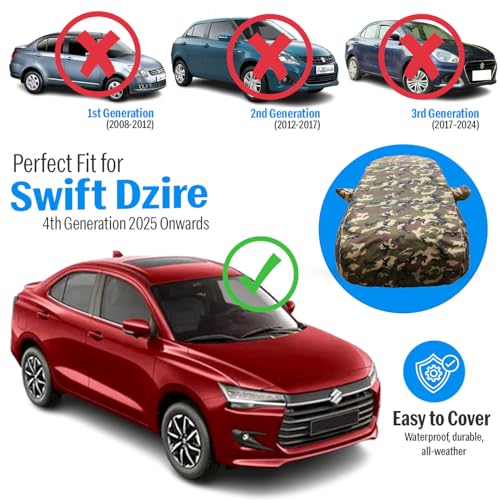 Image of Autofact Waterproof Car Body Cover Compatible with Maruti Swift Dzire 2025 Onwards, with Mirror and Antenna Pockets,4x4 American Matty, Long Lasting Material, Camouflage Army Look