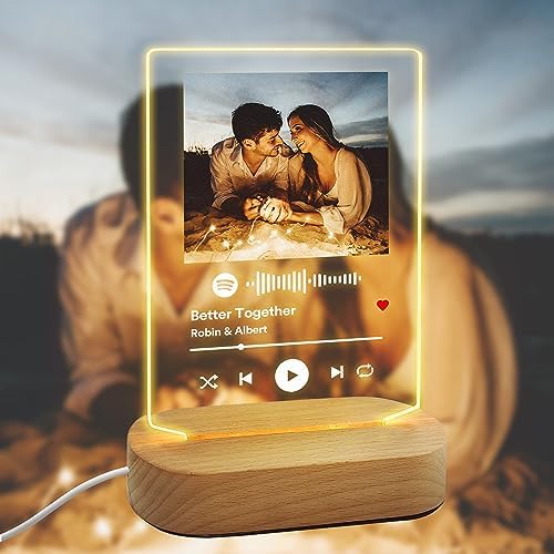 Personalized Acrylic Song with Photo, Custom Music Plaque Gifts for Boyfriend Girlfriend Acrylic Album Cover, Customized Transparent Plaque Scannable Code Led Night Light Lamp