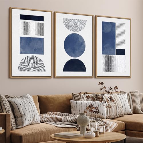 Framed Black Blue and White Wall Art Canvas Set Mid Century Boho Pictures Modern Geometric Wall Decor Minimalist Bohemian Abstract Painting Artwork for Living Room Bedroom Office 24" x 36" x