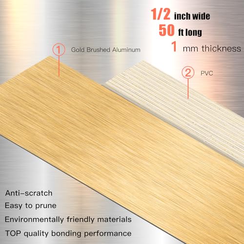 Image of GSCIT Club Gold Edge Banding, 1 /2 Inch x 50ft Aluminum Brushed Edge Banding Brass PVC Edge Trim for Cabinet Repair