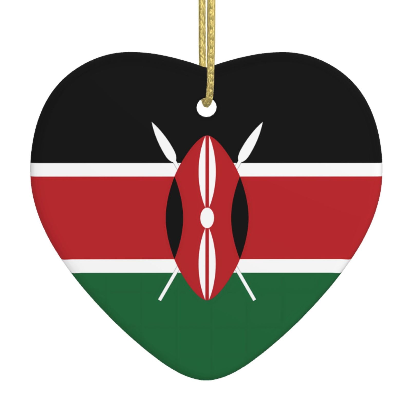 Flag of Kenya Ceramic Christmas Heart Pendant with Silk Thread, Christmas Tree Home Decoration