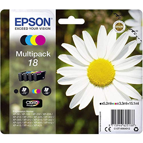 Epson Multipack 18 Pâquerette, Cartouches d'encre d'origine, 4 couleurs : Noir, Cyan, Magenta, Jaune, XP-30 XP-102 XP-202 XP-205 XP-212 XP-215 XP-225 XP-302...