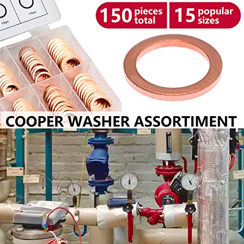 Toolwiz KING ASR0271 150Pcs 15 Sizes Copper Metric Sealing Washers Assortment Set Flat Ring Sump Plug Oil Seal Gasket Sealing Washers Crush Washer Assortment M5/6/7/8/10/10.5/11/12/12.5/14/15/16/16.5/17.5 thumb #4
