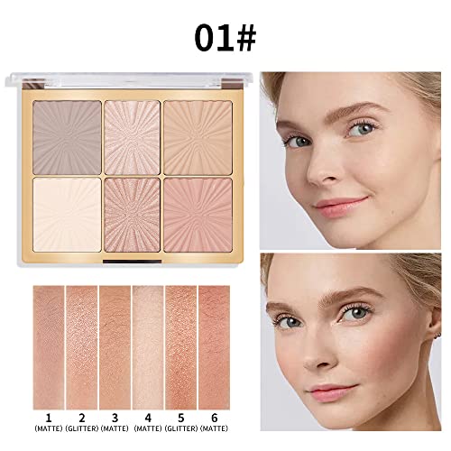 Mysense 6 Colors Contour Highlighter Blush Makeup Palette, Pressed Fine Powder Contouring Palette, Silky Smooth Face Blusher Bronzer & Highlight Makeup Kit, 01# #TOP3