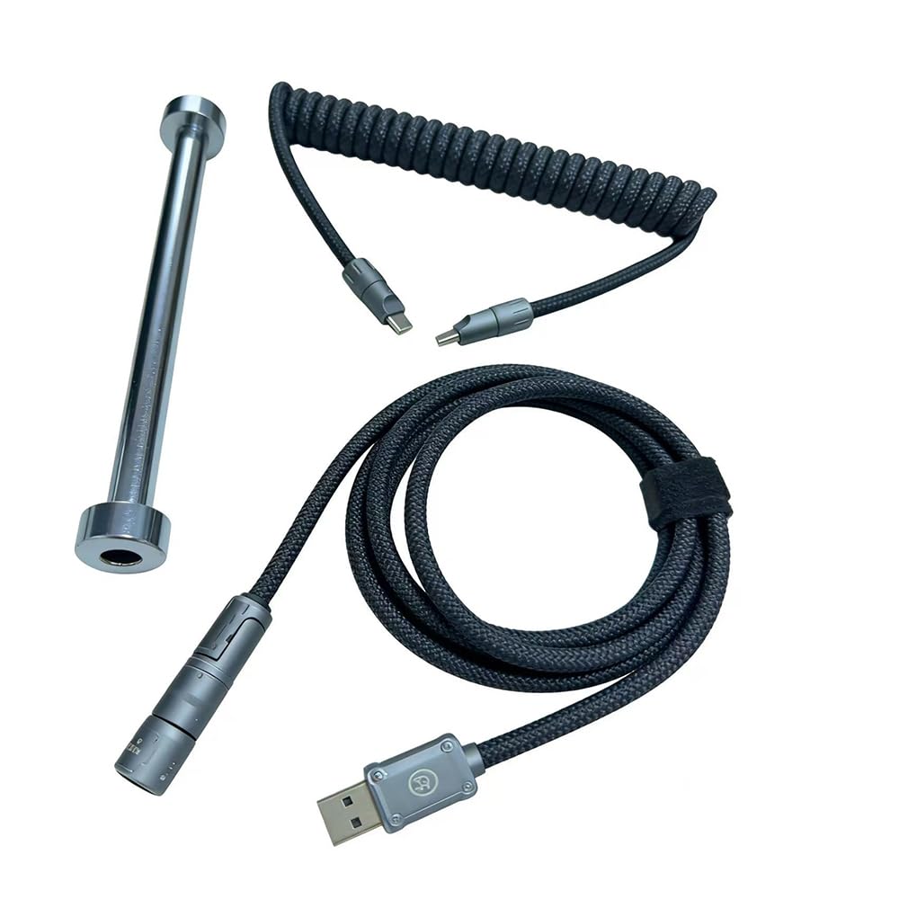Coiled Keyboard Cable with 7.87inch Fixed Rod, Double-Sleeved Mechanical Keyboard Cable with Detachable Metal Aviator, 1.5M USB-C to Type-C, Type-C to Type-C, Black