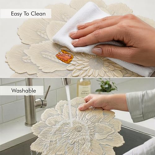 Image of Yellow Weaves 1 Pc PVC Round Table Placemat, Dining Table Mat, Stain Resistant, Anti-Skid, Waterproof, Washable, Dining, Kitchen, Restaurant Table Set Easy to Clean, Durable (Bloom Golden)