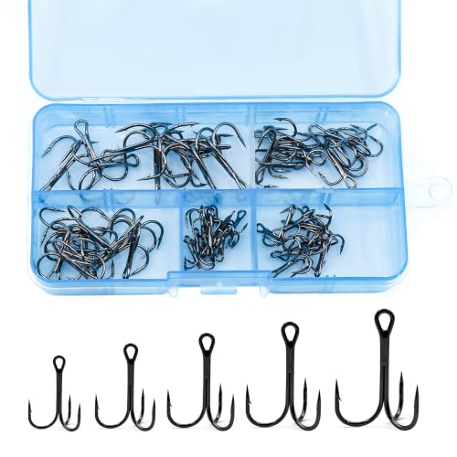 Fishing Treble Hooks Kit - High Carbon Steel 50pcs Mixed Treble Hooks Size 2/4/6/8/10 | Sharp Fish Hooks for Saltwater & Freshwater Fishing | Durable Fishing Hooks for Lures, Baits