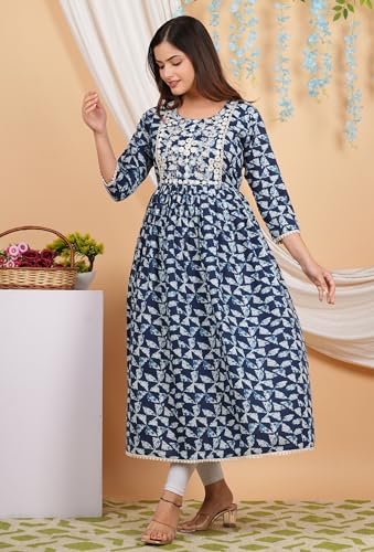 Image of purple sky Women's Cotton Blend Printed Anarkari Suit with Lucknowi Work on Neck