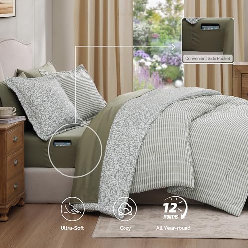 Image of BLOOMHAVEN Queen Comforter Set - 7 Pieces Green Bedding Sets for All Seasons, Lightweight Soft Bed in a Bag Queen with Revesible Farmhouse Comforter, Sheets, Pillowcases & Shams