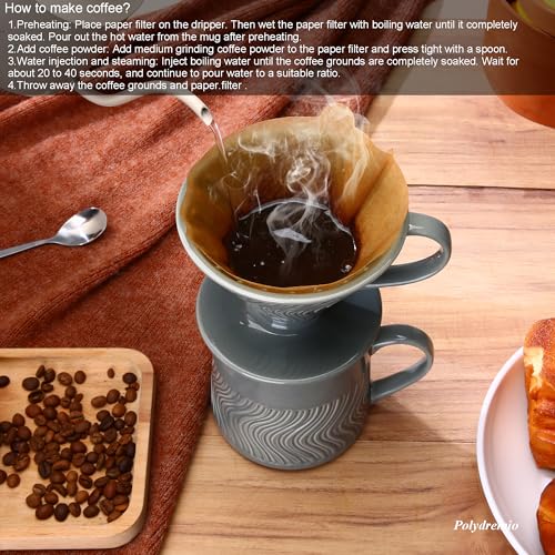 Image of Ceramic Pour Over Coffee Maker with 100 Sheets of Paper Filter, 16 oz Coffee Mugs & Coffee Dripper,Grey