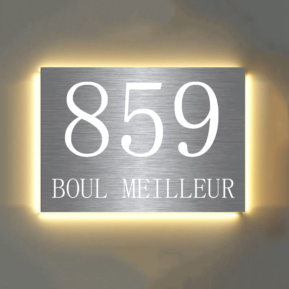 Steel Backlit LED Floating Address Number Sign Plaque, Up-Scale Modern Brushed Look, Lighted Acrylic House Numbers, Illuminated Address Numbers Plaque