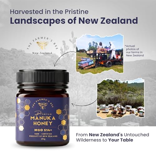Image of THE FARMER'S BEE New Zealand Manuka Honey MGO 514+ (15+) | Monofloral Raw Honey | MGO Tested | Premium Imported Honey | Natural Face Mask, Skin Care & Minor Cuts | Throat & Respiratory Wellness | 250g