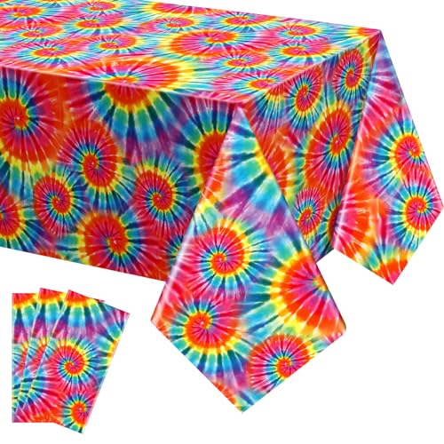 Newwiee Tie Dye Tablecloth Rainbow Table Cloth 54 x 108 Inch Plastic Rectangle Tie Dye Party Supplies Colorful Disposable Table Cover for Dye Themed Party...