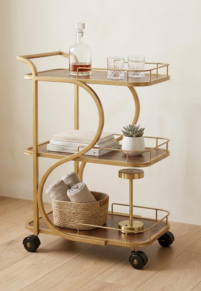 Serving Trolley with Wheels for Home, Tea Food Drinks Serving Kitchen Trolley Restaurant, Hotels,Dining Room bar cart with Wheels (Gold-Brown)-image-37